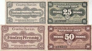 Gutschein der Gemeinde Bielschowitz über Fünfundzwanzig und Fünfzig Pfennig.