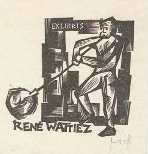 Bild des Verkufers fr Exlibris fr Ren Wattiez. Holzschnitt von Norbert Ott, unten rechts mit Bleistift signiert. zum Verkauf von Antiquariat Heinz Tessin