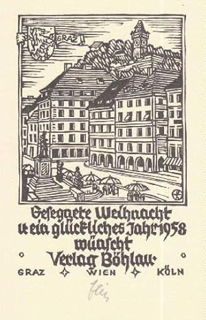 Bild des Verkufers fr Gesegnete Weihnacht und ein glckliches Jahr 1958 wnscht Verlag Bhlau, Graz, Wien, Mnchen. Holzschnitt von Otto Feil, Wien, unten mit Bleistift signiert. zum Verkauf von Antiquariat Heinz Tessin