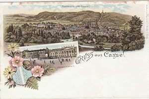 Bild des Verkufers fr Gruss aus Cassel. Zwei Ansichten (Panorama von Cassel, Friedrichsplatz). Ansichtskarte in farbiger Lithographie. Ungelaufen. zum Verkauf von Antiquariat Heinz Tessin