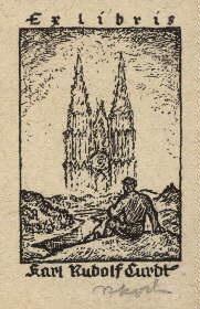 Bild des Verkufers fr Exlibris fr Karl Rudolf Curdt. Original-Lithographie von Rudolf Koch, unten mit Bleistift signiert. zum Verkauf von Antiquariat Heinz Tessin