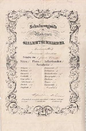 Schulzeugnis des Modernen Gesammtgymnasiums. Michaelis 1864 für Raimund Bredow, Schüler der 1. fr...