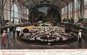 Bild des Verkufers fr Kunst- und Gartenbau-Ausstellung 1904. Inneres der Hauptblumenhalle nach Norden. Ansichtskarte in farbigem Lichtdruck. Abgestempelt Dsseldorf - Ausstellung 22.08.1904. zum Verkauf von Antiquariat Heinz Tessin