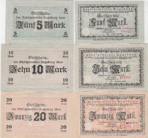 Notgeld der Stadtgemeinde Augsburg. 3 Scheine über 5, 10 und 20 Mark