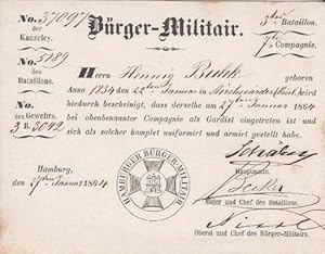 des Hamburger Bürger-Militair`s. 3. Bataillon, 7. Compagnie. Für Hennig Buhk, geboren anno 1834 d...