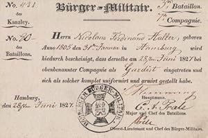 des Hamburger Bürger-Militair`s. 3. Bataillon, 7. Compagnie. Für Nicolaus Ferdinand Haller, gebor...