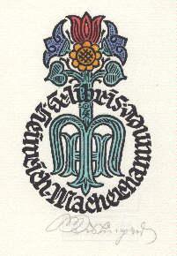 Bild des Verkufers fr Exlibris fr Heinrich Macherhammer. Kolorierter Holzschnitt von Max Kislinger, mit Bleistift signiert. zum Verkauf von Antiquariat Heinz Tessin