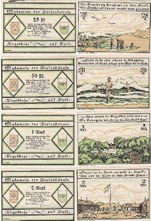 Gutschein der Ferienkolonie Vogelkoje" auf Sylt über 25, 50 Pfennig, 1 und 2 Mark.
