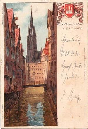 Bild des Verkufers fr Nicolai Kirche. Ansichtskarte in Farblithographie nach einer Zeichnung. Abgestempelt Hamburg 29.10.1901. zum Verkauf von Antiquariat Heinz Tessin