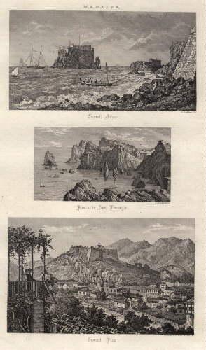 Drei Ansichten auf einem Blatt (Castell Ilheo, Ponta de San Lorenzo, Castell Pico) Stahlstich von...