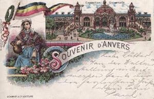 Bild des Verkufers fr Souvenir d`Anvers. Exposition Universelle. Ansichtskarte in Farblithographie. Abgestempelt Antwerpen (Datum unleserlich, da die Briefmarke entfernt wurde). zum Verkauf von Antiquariat Heinz Tessin