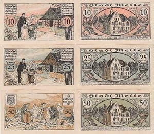 Notgeld der Stadt Melle. 3 Gutscheine über 10, 25 und 50 Pfennig.