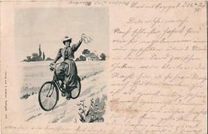 Frau auf einem Fahrrad. Postkarte in Lichtdruck. Abgestempelt Gremsmühlen 18.09.1898.