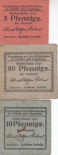 Immagine del venditore per Drei Gutscheine der Vereinigung der Geschftsinhaber in Zwnitz und Umgebung ber Fnf, Zehn und 50 Pfennige. venduto da Antiquariat Heinz Tessin