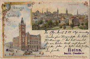 Gruss aus Essen a.R. 2 Ansichten (Totalansicht, Rathaus). Werbezudruck: Dommerich & Co., Magdebur...