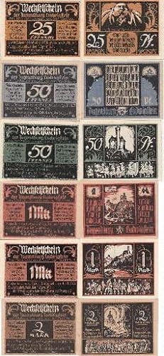 Wechselschein der Jugendburg Ludwigstein. 6 Scheine über 25, 50 (2x), 1 Mark (2x) und 2 Mark.