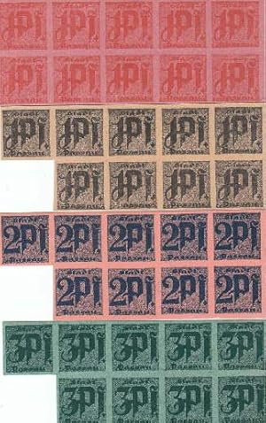 Image du vendeur pour Notgeldscheine ber 1 Pf. (in rot und in gelb gedruckt), 2 Pf. Und 3 Pf. Zusammendrucke von jeweils 10 Scheinen, 3 davon herausgeschnitten. mis en vente par Antiquariat Heinz Tessin