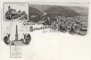 Seller image for Gruss vom Burgberg. Drei Ansichten (Gesamtansicht, Die alte Harzburg im Jahre 1650, Canossa Denkmal). Ansichtskarte in Photolithographie. Ungelaufen. for sale by Antiquariat Heinz Tessin