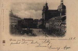 Imagen del vendedor de Schillerplatz m. Jesuitenkirche. Ansichtskarte in farbigem Lichtdruck. Abgestempelt Mannheim 13.04 1900. a la venta por Antiquariat Heinz Tessin