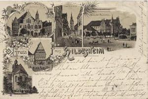 Bild des Verkufers fr Gruss aus Hildesheim. Fnf Ansichten (Rathaus, Eckemeckerstrasse, Gymnasium Andreanum, Knochenhauer Amtshaus, 1000 jhriger Rosenstock). Ansichtskarte in Photolithographie. zum Verkauf von Antiquariat Heinz Tessin