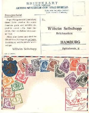 Briefmarken mit Wappen. Postkarte in farbiger Lithographie. Ungelaufen.