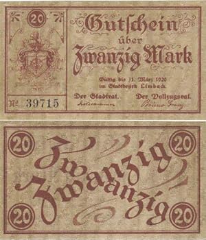 Gutschein der Stadt Limbach über Zwanzig Mark, gültig bis 11. März 1920.