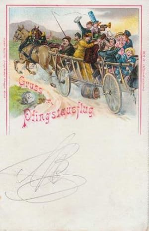 Gruss vom Pfingstausflug. Postkarte in farbiger Lithographie. Abgestempelt Himmelpforten 19.03.1898.