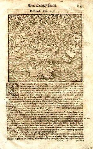 Holzschnittkarte aus Sebastian Münster`s Cosmographie auf ganzer Textseite.