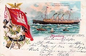 Imagen del vendedor de Hamburg-Amerikanischer Schnelldampfer Frst Bismarck. Postkarte in Farblithographie. Abgestempelt Hamburg 07.06.1902. a la venta por Antiquariat Heinz Tessin