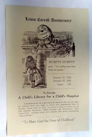 Promotional handbill for Lewis Carroll Anniversary and a fund raiser "to provide for A Children's...
