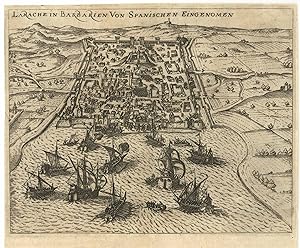 Gesamtansicht aus der Vogelschau mit der Einnahme durch die Spanier im November 1611 ('Larache in...