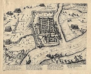 Bild des Verkufers fr Gesamtansicht aus der Vogelschau von Ruhrort im Jahre 1587; rechts oben Duisburg ('Roerort'). zum Verkauf von Antiquariat Norbert Haas