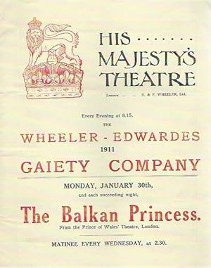 Seller image for Programmheft / program booklet: The Balkan Princess. Book by Frederick Lonsdale and Frank Curzon. Music by Paul Reubens. Mit Darstellerliste. With cast list. Auffhrung / performance [1911]. for sale by Antiquariat Carl Wegner