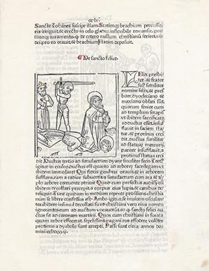 Single incunable leaf with woodblock column miniature of the Martyrdom of Saints Felix and Regula