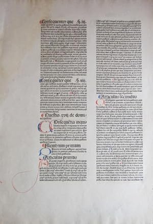 Single incunable leaf from Bonaventura treatise, "Quaestiones super IV libros Sentiarum Petri Lom...