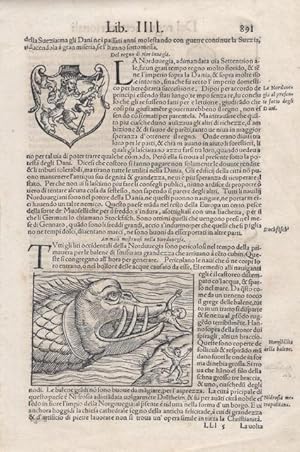 Single leaf, "p. 891," from an Italian History Chronicle with woodcuts for heraldry of Norway