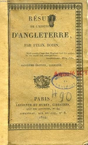 Bild des Verkufers fr RESUME DE L'HISTOIRE D'ANGLETERRE zum Verkauf von Le-Livre
