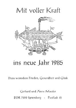 Neujahrsgruß Maeder 1985 (Flugdampfmaschine). Signierter Original-Holzstich.