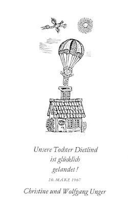 Geburtsanzeige Dietlind Unger (Fallschirmspringendes Baby über Kamin). Signierter Original-Holzst...