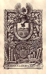 Johann & Dora Kruse. Heraldisch mit Büchern, Geige, Eichenlaubrahmen. Original-Kupferstich (Stech...