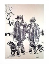 Heimkehr der Holzknechte. [Zwei Jägerburschen mit Hunden im Schnee].