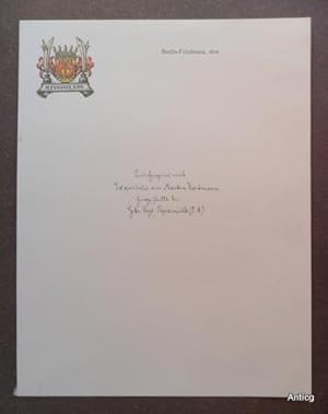Alexander Kahl (Briefbogen). Wappen zwischen Tintenfässern. Farbiger Buchdruck (montiert).