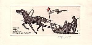 Neujahrskarte für 1962. Familie Ilgenfritz. Pferdeschlitten. Kolorierter Original-Kupferstich, si...