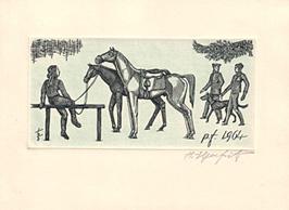 Neujahrskarte für 1964. Wanderer mit Hund und Mädchen mit zwei Pferden. Signierter Original-Kupfe...