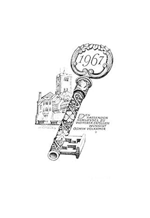 Neujahrsgraphik für 1967 von O.Volkamer. Schlüssel, 900 Jahre Wartburg. Signierter Original-Kupfe...