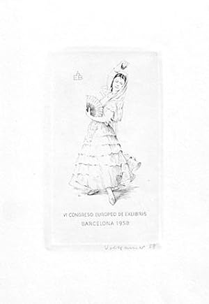 VI. Congresso Europed de Exlibris Barcelona 1958. - Flamencotänzerin. Signierter Original-Kupfers...