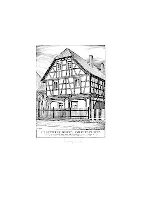 Elstertrebnitz-Greitschütz. Fachwerkumgebindehaus 1800. Signierter Original-Kupfertstich.