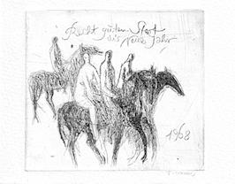 Seller image for Neujahrsgru. Drei Pferde, vier Reiter. Signierte Original-Radierung. for sale by Antiquariat Gntheroth