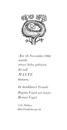 Geburtsanzeige Malte Vogel (Kind im Vogelnest). Signierter Original-Holzstich.