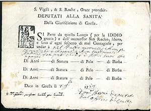 S. Vigili, & S. Roche, Orate pronobis. Deputati alla Sanità della Giurisdizione di Gresta. Si par...